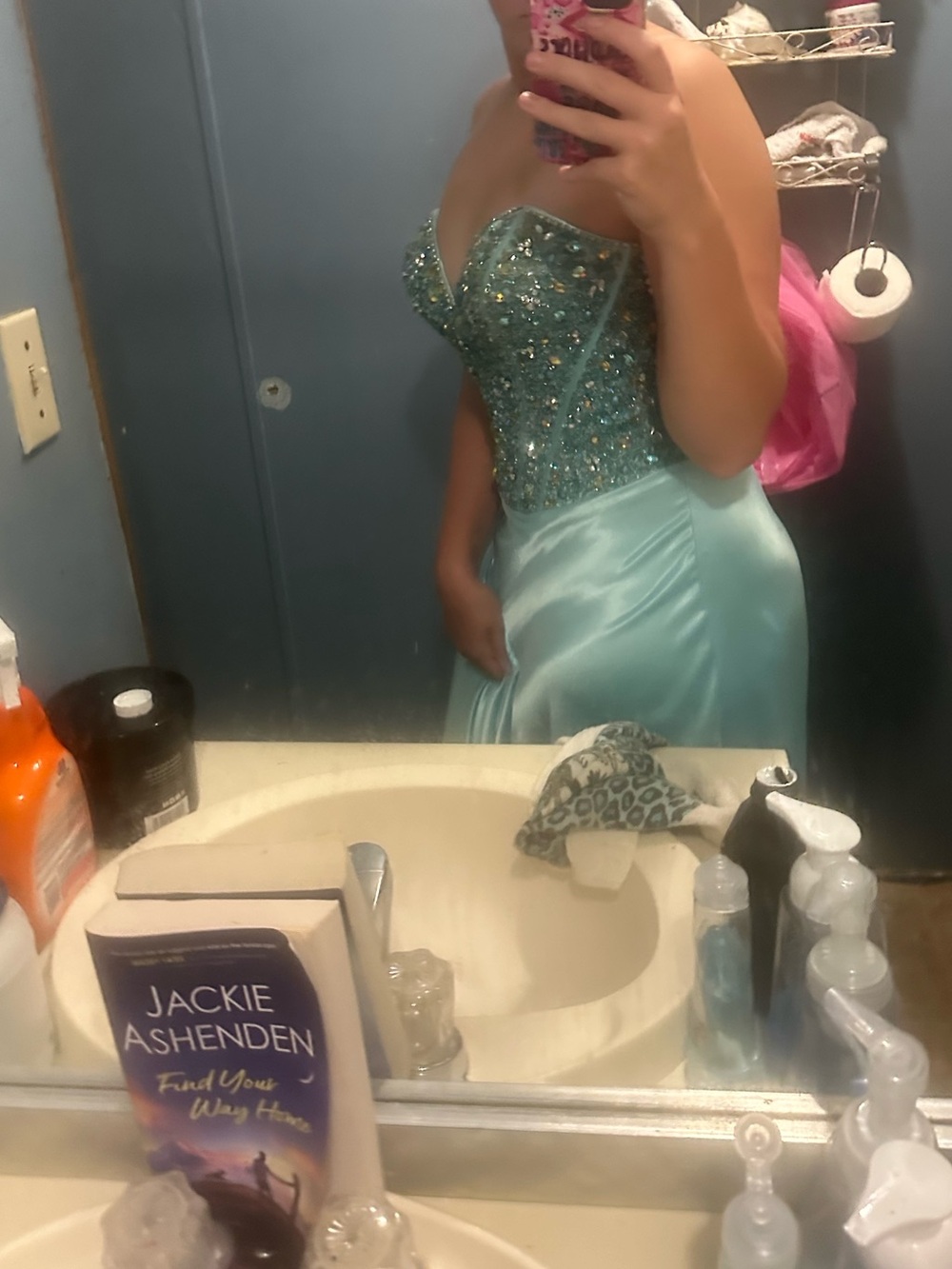 Strapless Teal Prom Dress with Beaded Bodice